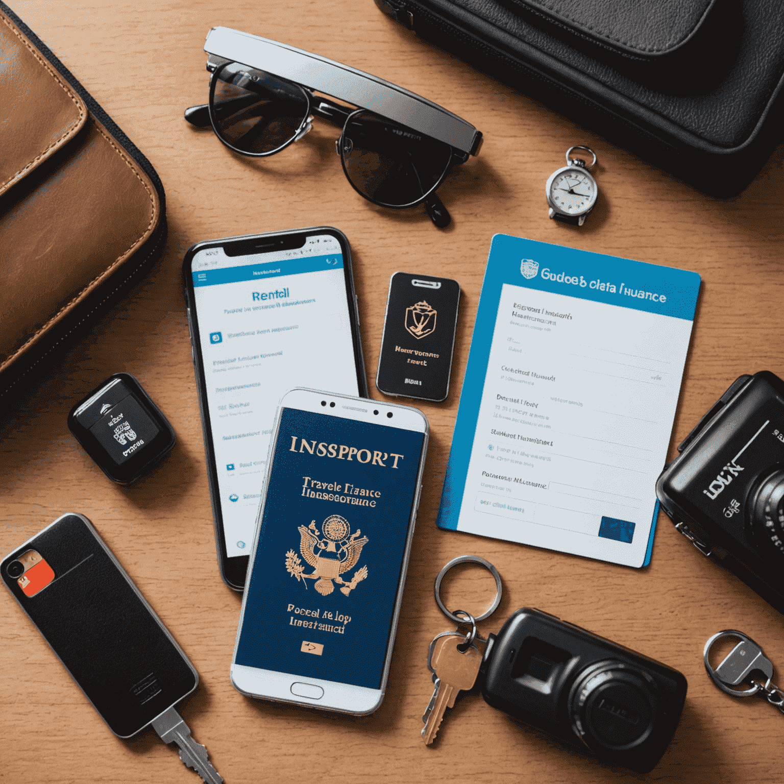 A montage of travel insurance-related items including a passport, insurance card, rental car keys, and a smartphone showing a travel insurance app interface